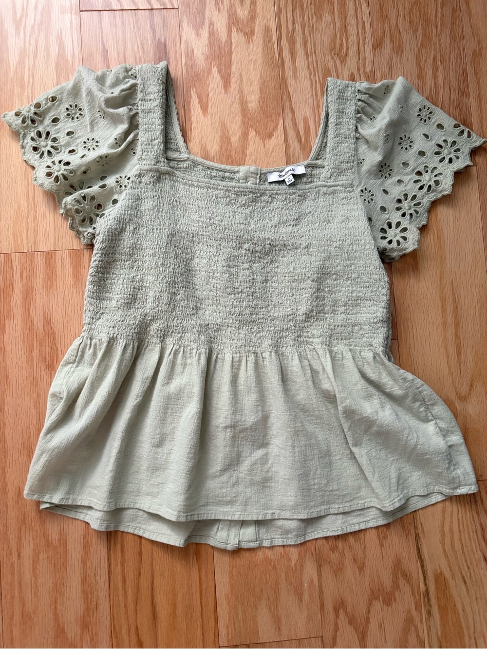 Madewell Sage Green Smocked Square-Neck Peplum Top